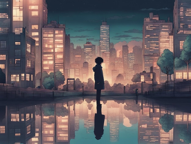 Nachtelijke reflecties lofi manga behang van een trieste maar toch mooie scène met stadsgezicht
