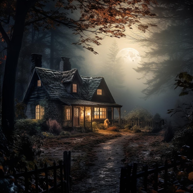 nachtelijke scène van een huis in het bos met een volle maan generatieve ai