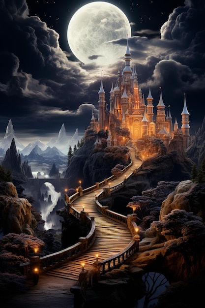 nachtelijke scène van een kasteel met een brug die naar een meer leidt generatieve ai