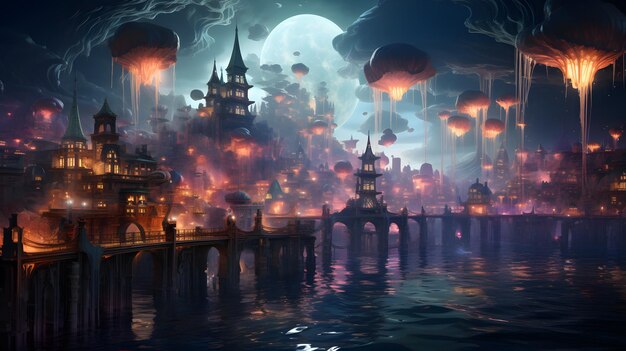 nachtelijke scène van een stad met een brug en lantaarns die in het water drijven Generatieve AI
