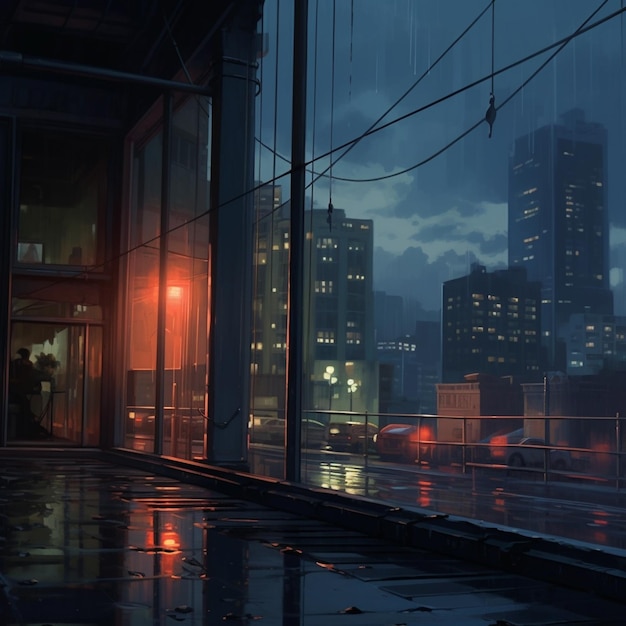 Nachtelijke scène van een stadsstraat met een persoon die in de regen loopt generatieve ai