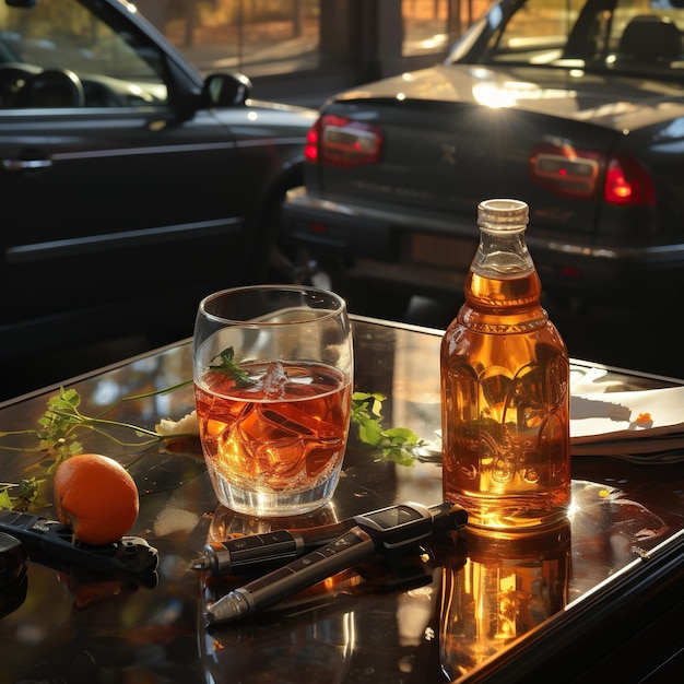Foto nachtelijke sfeer realistische foto van levensstijl met fles en autosleutel op tafel generatieve ai