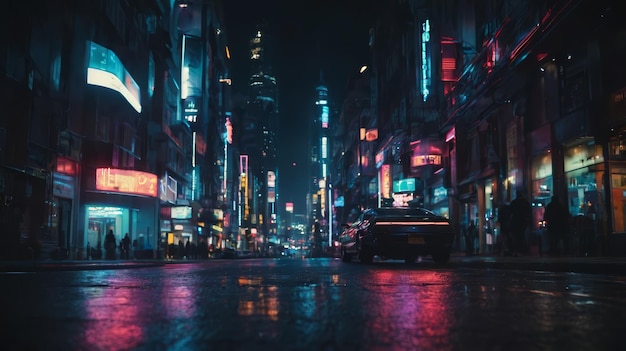 Nachtelijke stadsstraat verlicht door neonlichten