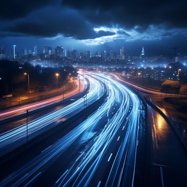 Nachtelijke stedelijke paden gebaderd in blauw betoverende voertuig licht paden componeren schilderachtig uitzicht voor
