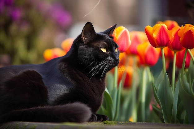 Nachtelijke waarnemer BrightEyed zwarte kat in kleurrijke tuin