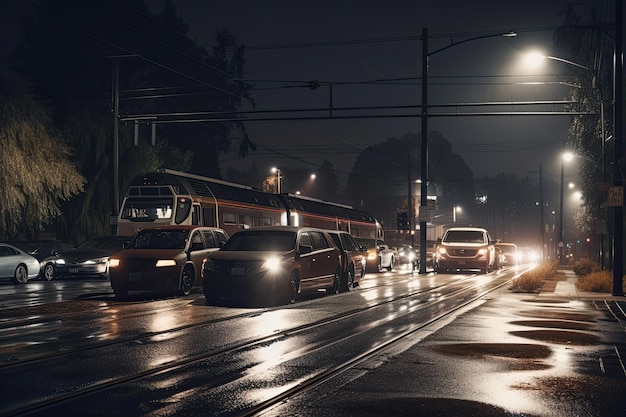 Nachtelijke weergave van kruising met auto's en trein verlicht door felle lichten