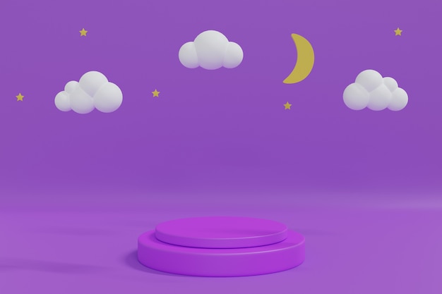 Nachthemel. maan, sterren en wolken om middernacht met paars podium voor productplaatsing. 3d rendering illustratie.
