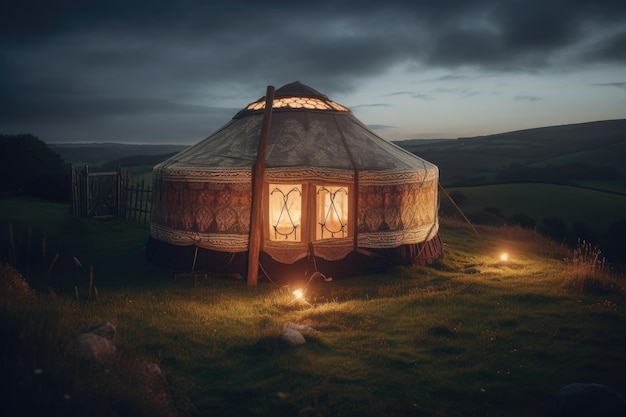 Nachtkamperen bij helder vuur in sparrenbos onder magische sterrenhemel met Melkweg Groep van vier vrienden die samen rond het kampvuur zitten en genieten van frisse lucht in de buurt van tent Toerisme camping concept