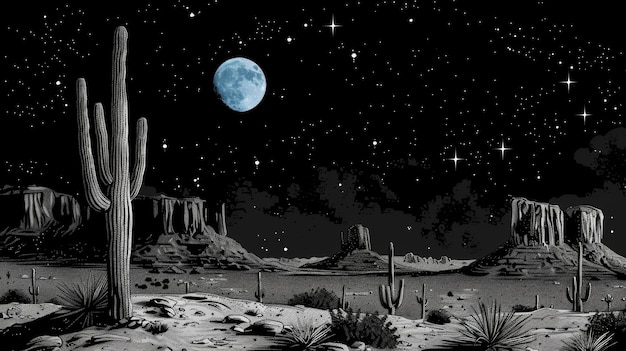 Nachtlandschap in de woestijn met cactussen en volle maan