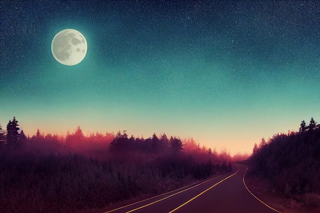 Nachtlandschap met bosbomen weg en veld onder de volle maan schijnt in de sterrenhemel 3d illustratie