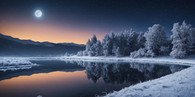 nachtlandschap met meer en bergen in het maanlichtpanorama