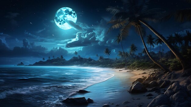 Nachtlandschap verlaten strand palmboom uitzicht