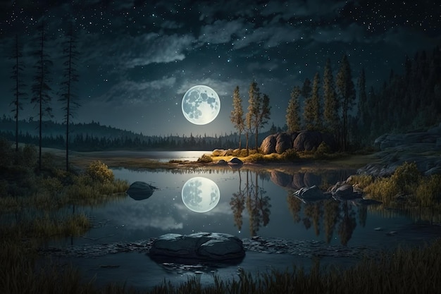 Nachtlandschap volle maan weerspiegeld in het fantastische bos en de bergen van het meer Generatieve AI