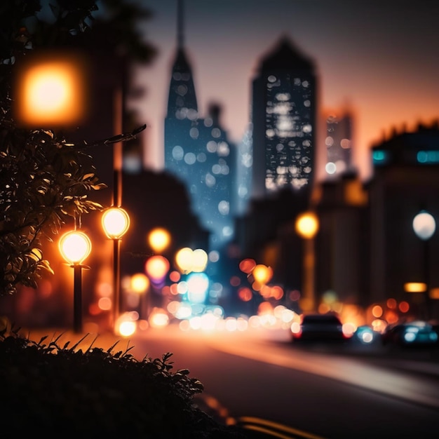 Nachtleven in de stad met straatlantaarn en bokeh wazige lichten effect vector mooie achtergrond