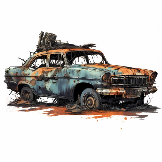 Nachtmerrie illustratie van een apocalyptische auto op een geïsoleerde achtergrond