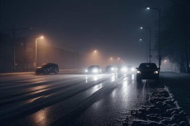 Nachtmist Slecht zicht op de weg Beweging van auto's Verkeersopstopping Nat glad asfalt Koplampen van auto's