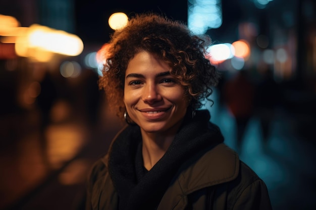 Nachtportret van een vriendelijke jonge vrouw in een centrale straat met de stadsverlichting op de achtergrond