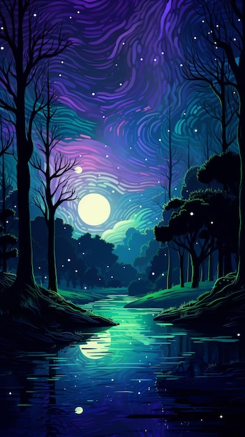Nachtscene met een rivier en bomen op de voorgrond generatieve ai