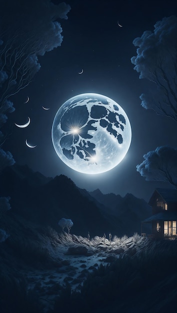 Nachtscène met zeer gedetailleerde volle maan
