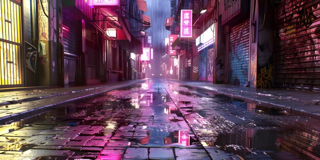 Nachtstraat met neonverlichting weerspiegeld in de plas Ai Generated