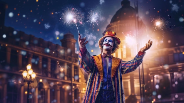 Nachtstraatcircusvoorstelling met clownjongleur Festivalstad achtergrondvuurwerk en feestatmosfeer