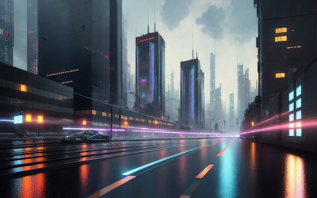Nachtstraten van Gotham City met reflecties Illustratie Generatieve AI