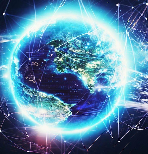 Nachttechnologie neon aarde wereldwijde virtuele internet wereldverbinding van technologie netwerk