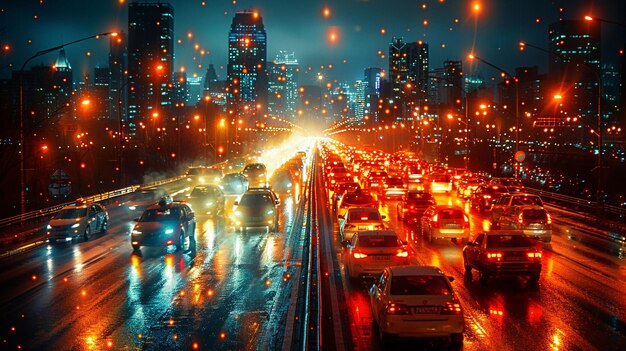 Foto nachtverkeer in de stad met stralen koplampen en straatverlichting