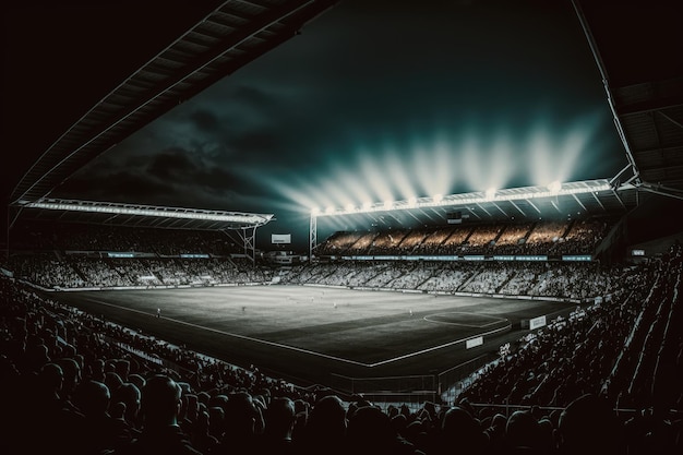 Nachtvoetbalwedstrijd met verlicht stadion en generatieve AI van opgewonden fans
