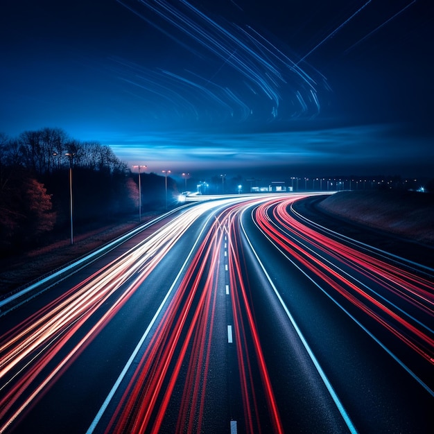 nachtweg met verlichting en auto's