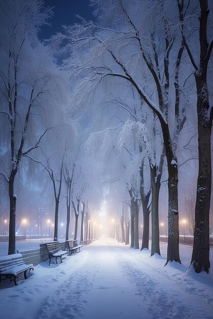 Nachtwinterlandschap in het steegje van het stadspark