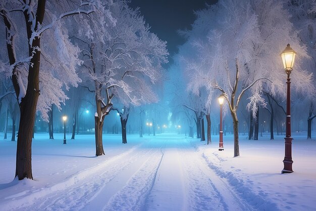 Nachtwinterlandschap in het steegje van het stadspark