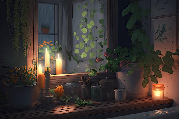Nachtzicht op de badkamer met kaarsen en groene planten op de vensterbank gemaakt met generatieve ai