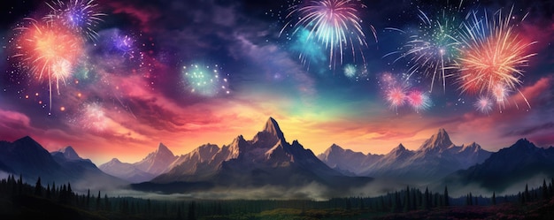 Foto nachtzicht op de viering van het nieuwe jaar met kleurrijke vuurwerk panorama banner generative ai
