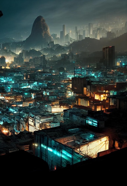 Nachtzicht op een stad met een berg op de achtergrond generatieve ai