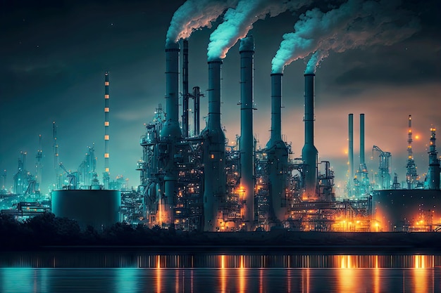 Nachtzicht van een enorme fabriek in de petrochemische industrie met rokende schoorstenen