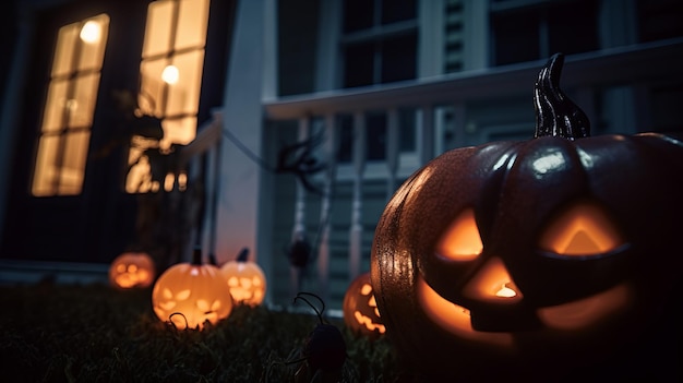 Nachtzicht van een halloween-pompoen in de buurt van een huis in de herfst