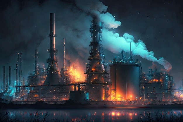 Nachtzicht van rook chemische industrie fabriek petrochemische terminal generatieve ai