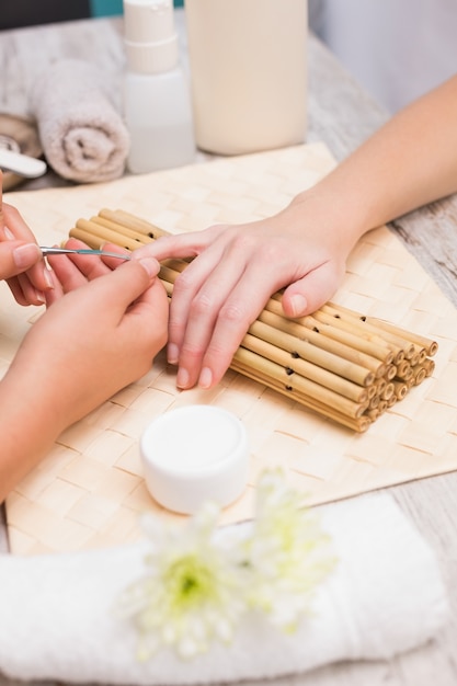 Nageltechnicus die klant een manicure geeft