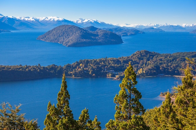 Nahuel Huapi National Lake aerial view from the Cerro Campanario viewpoint in Bariloche, Patagonia region of Argentina.