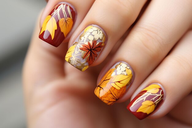 Nail art design with a leaf