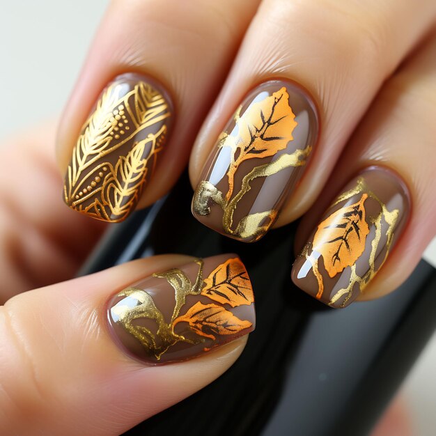 a nail art design with leaves and branches