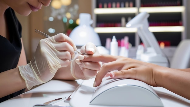 Photo nail artist shortening nails doing manicure at salon manicure set