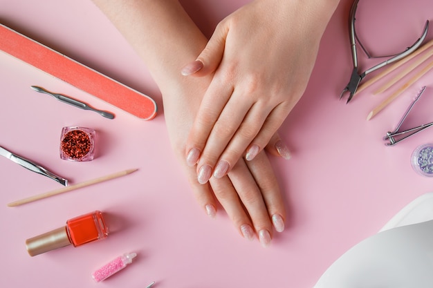 Nail care procedure in a beauty salon.