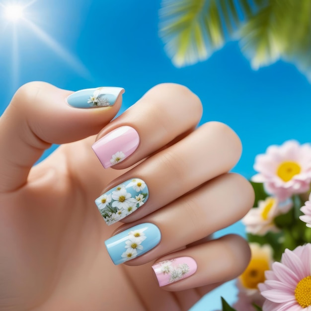 Nail design idea with square shape pastel blue and pink tones AI generated