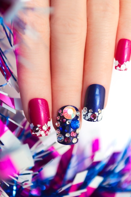 Photo nail design with rhinestones