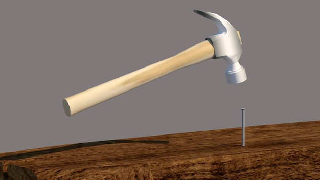Foto chiodo e martello sul ceppo di legno