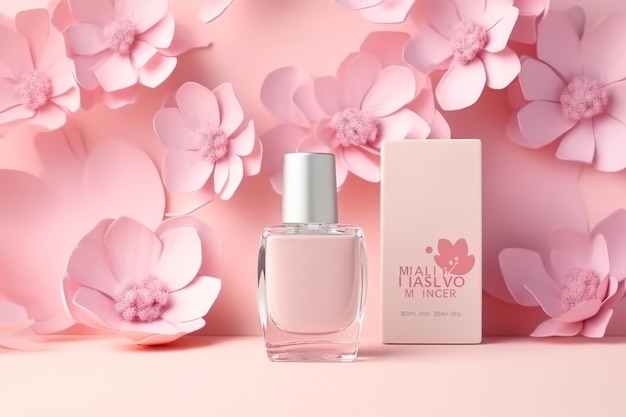 Макет дизайна бутылки лака для ногтей с бумажными цветами розового цвета на розовом фоне Сгенерировано AI