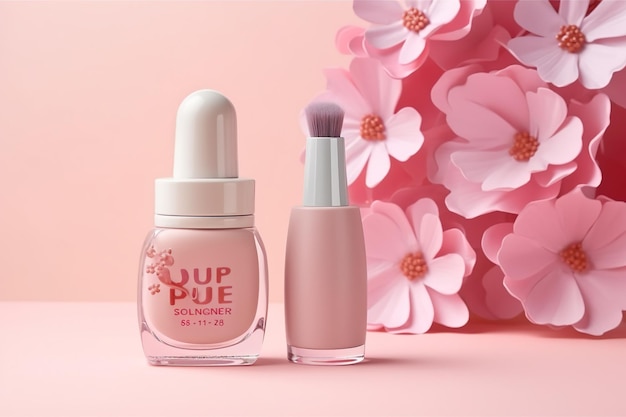 Nail polish bottle design mockup with paper flowers pink color with pink background AI Generated