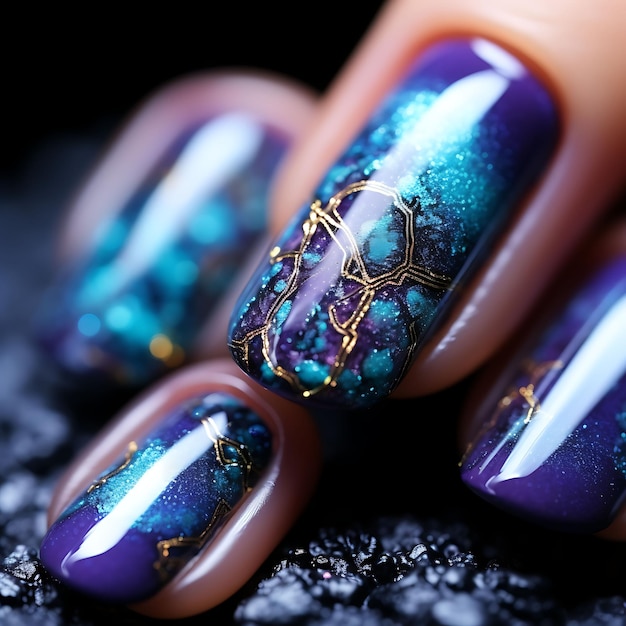 Nails design of galaxy shape with deep blue and purple color art creative idea inspiration salon